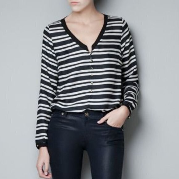 Zara Striped‎ Button Up V Neck Blouse Sheer Top XS - Picture 1 of 7